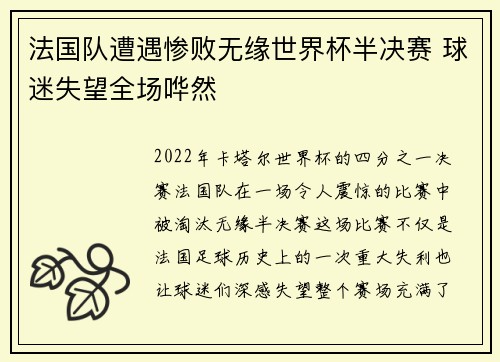 法国队遭遇惨败无缘世界杯半决赛 球迷失望全场哗然